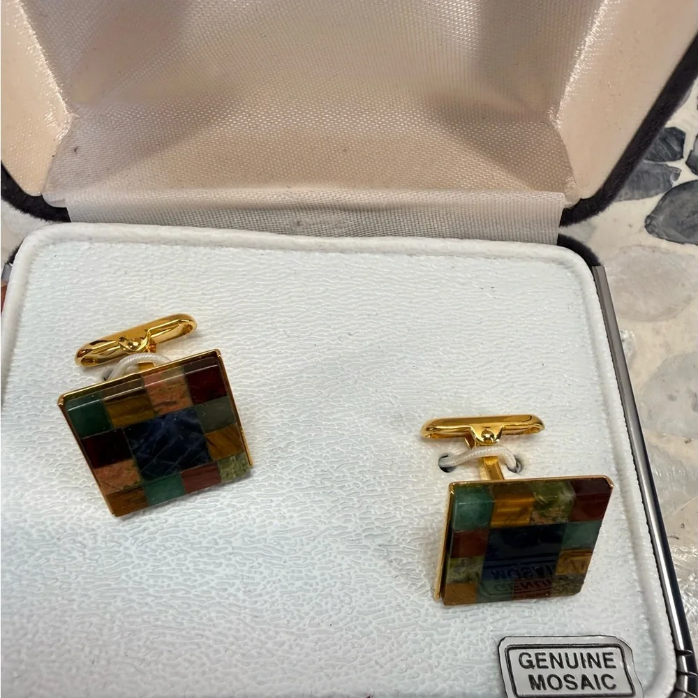 Vintage Geoffrey Beene Multicolor mosaic gemstone Cufflinks
